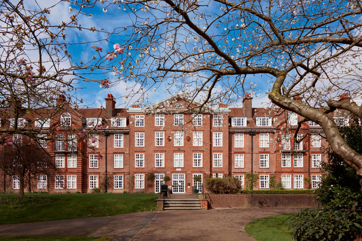 Regents University London campus in full bloom during spring