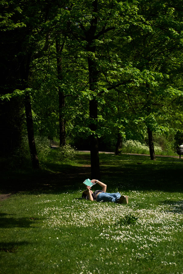 Student enjoying a peaceful read in a blooming London park